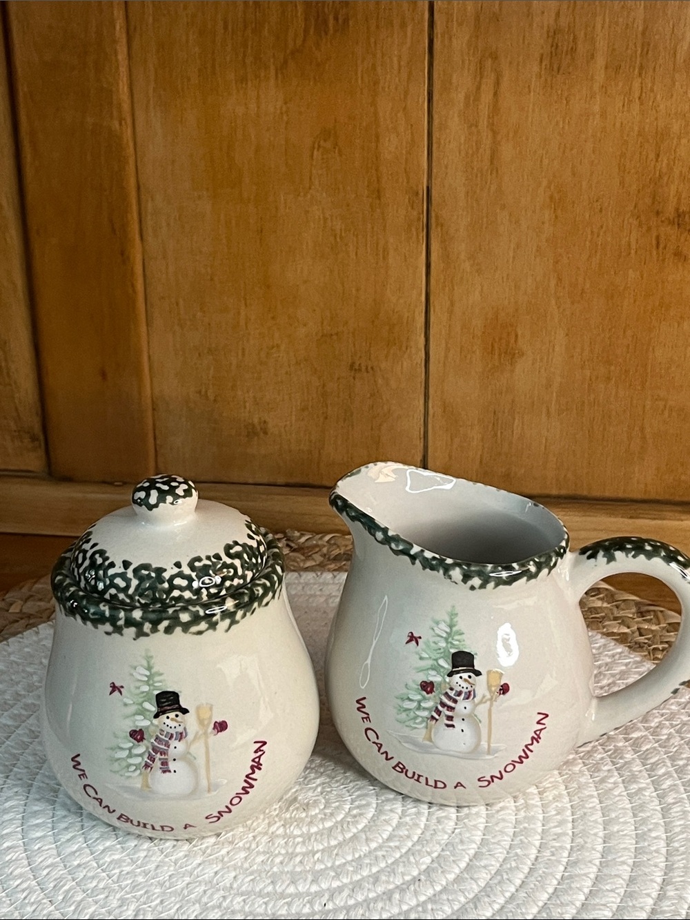 Vintage “We Can Build a Snowman” Stoneware Creamer and Sugar Bowl Set - Cream